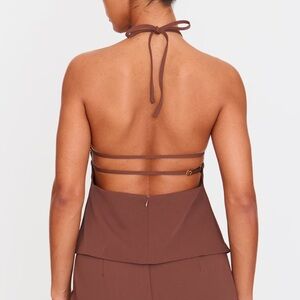 PrettyLittleThing CHOCOLATE TAILORED WOVEN OPEN BACK LONG LINE TOP Size 6 NWT
